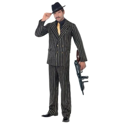 Image of Smiffys Gold Pinstripe Gangster Costume, Black, XL Size 46inch 48inch