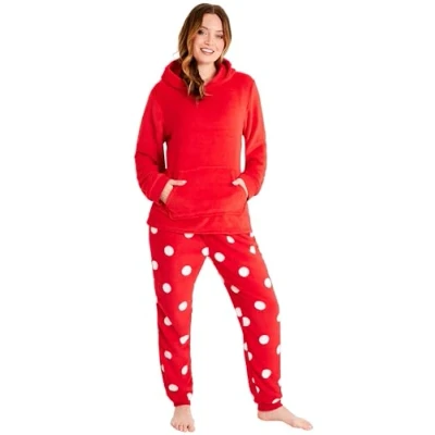 Image of CityComfort Fleece Hooded Pyjama Set for Women Teenagers Soft 2 Piece Loungewear Nightwear Gifts Her (Red, L)
