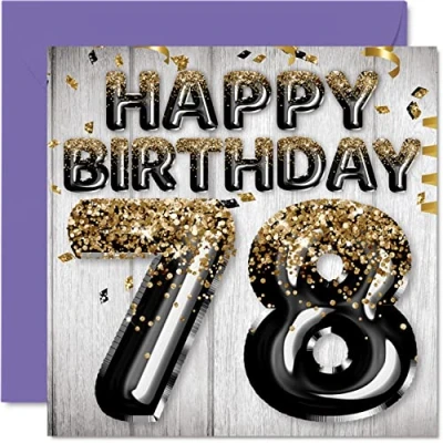 Image of 78th Birthday Card for Men Black &amp; Gold Glitter Balloons Happy Cards 78 Year Old Man Dad Great Grandad Grandpa Gran, 145mm x Seventy Eight Eighth Greeting Gift