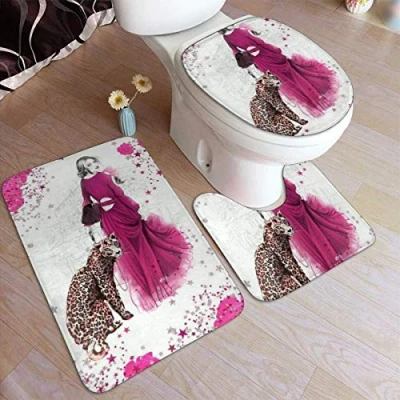 Image of RedBeans Non Slip Bath Mat 3 Piece Flannel Bathroom Rug Set,Pink Leopard Lady Soft Pedestal Anti Shower And Toilet Cover Set