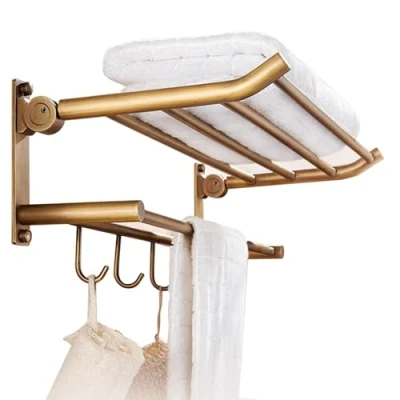 Image of Towel rail Wall mounted, Brass Bathroom Rack with Bar and Hooks,Foldable Shelf Mounted Hand Holder,Brushed Bronze Finish Hanger,Bathroom Lavatory Kitchen Hardware Ac