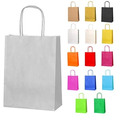 Image of Thepaperbagstore 10 Silver Small Paper Party Bags With Handles Colourful Gift for Kids and Adults Parties, Birthdays, Weddings, Baby Showers, Hen Parties Sweets 18x22x8cm