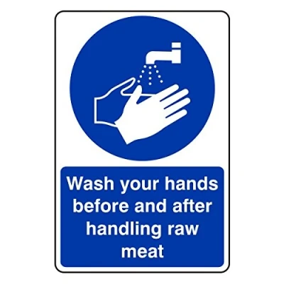 Image of 150mmx200mm Wash Your hands Before and After handling Raw Meat Catering Sign Sticker Self Adhesive