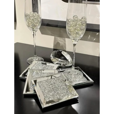 Image of Garden Mile Sparkle 4pc Diamond Crushed Glass Coasters Square Shaped Table Mats Glitter Set Decorative Festival Accessories Gift Coaster for Wedding, Birthday or Christmas Decorations