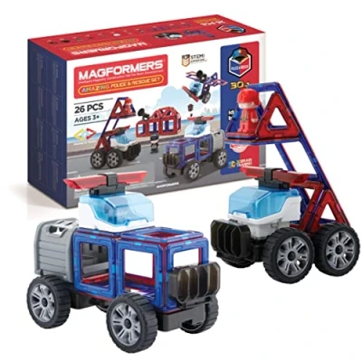 Image of Magformers Amazing Police And Rescue Magnetic Building Blocks Tile Toy. Makes Cars Buildings In A Theme. STEM Toy For Children Aged 4+. With Character Car.