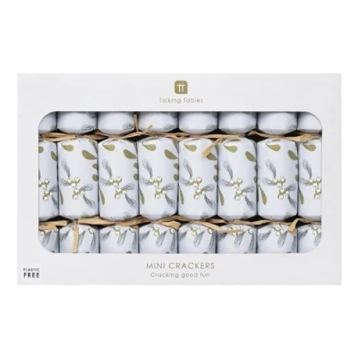 Image of Talking Tables 8X Mini Christmas Crackers with Paper Crown Hat Joke Sheet How Well Do You Know Me Game Charades GameBotanical Mistletoe White Design Eco Friendly Xmas Tableware, Recyclable