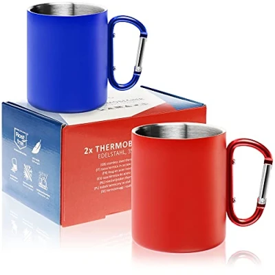 Image of Robin Goods® 2x stainless steel thermo mug with carabiner handle 350 ml per coffee shatterproof drinking (2 pieces blue/red snap handle)