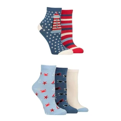 Image of Women&#039;s 5 Pair SOCKSHOP Plain and Patterned Bamboo Anklet Socks Nautical 4 8