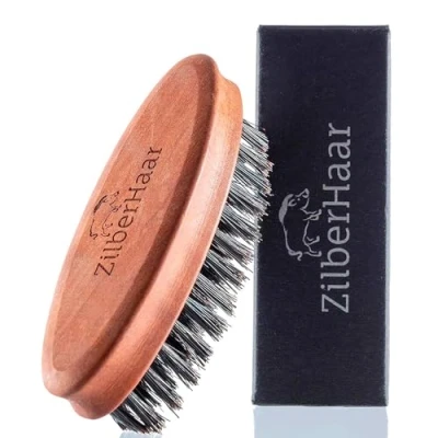 Image of ZilberHaar Pocket Mustache and Beard Brush Stiff Boar Bristles Pearwood Perfect Grooming Tool for Men Relieves Itch, Works with all Balms Oils Made in Germany