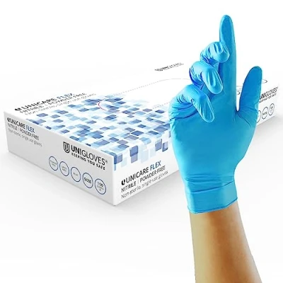 Image of Unigloves Unicare Flex Nitrile Multipurpose Disposable Gloves, Powder Free, Ultra Lightweight, Box of 100 Gloves in Blue, Size Medium (GS0213)