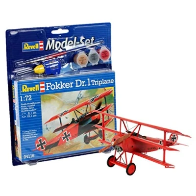 Image of Revell Model Set 64116 Fokker DR.1 Triplane 1:72 Scale Unbuilt/Unpainted Plastic Kit with Contacta Professional Glue, Paintbrush &amp; Selected Aqua Color Paints