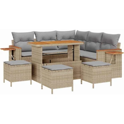 Image of vidaXL 9 Piece Garden Sofa Set with Cushions Beige Poly Rattan Acacia