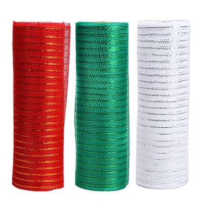 Image of NAUZE 3 Rolls 10 Inch x Yards Christmas Poly Mesh Ribbon Deco Metallic Foil Red Green White for Wreaths Swags Crafts Garland Decoration (Red, Green, White)
