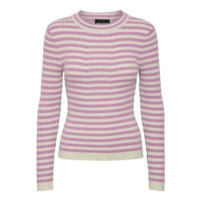 Image of PIECES Women&#039;s PCCRISTA LS O Neck Knit NOOS BC Pullover Sweater, Pastel Lavender/Stripes: Birch, XL