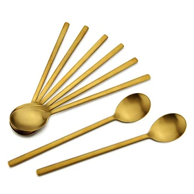 Image of Korean Spoons, 8 Pieces Stainless Steel Soup 8.5 Inch Spoons,Gold Spoons with Long Handles, Asian Spoon,Cooking Spoon Set,Round for Home, Kitchen or Restaurant (Golden)