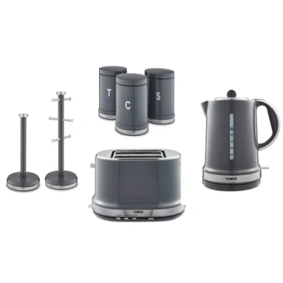 Image of Tower Belle 1.5L 3KW Kettle, 2 Slice Toaster, Tea, Coffee &amp; Sugar Canisters, Mug Tree Towel Pole in Graphite Grey. Stylish Parisian Design Matching Kitchen Set of 7