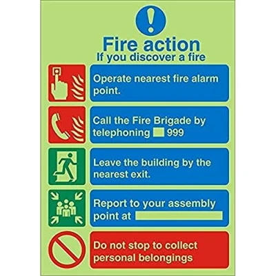 Image of Seco Fire Action If You Discover A Sign, 200mm x 300mm Photoluminescent 1mm Semi Rigid Plastic