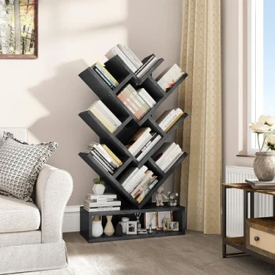 Image of YITAHOME Tree Bookshelf, Floor Standing Bookcase with Wooden Drawer Industrial Shelving Units Display Storage Shelf for Living Room,Home,Office, Black Book shelves