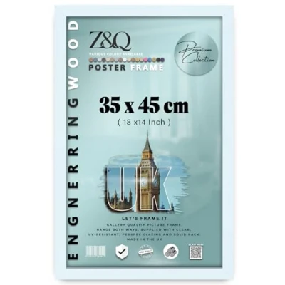 Image of Z&amp;Q Wall Mounted Poster Picture Frame White 45 x 35 cm Display Painting Photo Print With HD Clear Perspex Both Ways Hanging Hooks MDF Wood 30x15mm Moulding