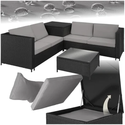 Image of TecTake® Rattan Garden furniture Set, 2 Sofas with Extra Thick Cushions, Table Glass Top and Storage Box, for Patio, Garden, Balcony, outdoor black/grey