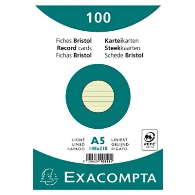 Image of Exacompta Ref 10848SE Bristol Lined Record Cards (Pack of 100) A5 in Size, 205gsm Card, Compatible with Printers Suitable for Exam Revision &amp; Notes Green