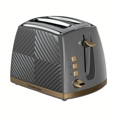 Image of Russell Hobbs Groove 2 Slice Toaster (High Lift, Extra Wide Slots, 6 Browning levels, Frozen/Cancel/Reheat function Illuminated buttons, Removable crumb tray, 850W, Grey, Brushed gold accents) 26392