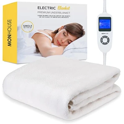 Image of MONHOUSE Premium Soft Fleece Electric Blanket Heated Under Single 90x190cm Fully Fitted Mattress Cover Detachable &amp; Machine Washable Controller Multi Zones, 9 Heat Settings