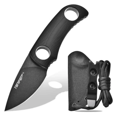 Image of TONIFE Fixed Blade Knife 4.8cm, Mini Neck with Kydex Sheath and Cord, EDC Portable for Outdoor Survival (Black + Black Oxide then Stonewash)