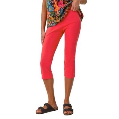 Image of Roman Originals Cropped Trousers for Women UK Ladies Capri Leggings Summer Pants Short Crop Stretch 3/4 Length Three Quarter Pedal Pusher Clothes Elasticated Bengaline Plain Coral Size 16