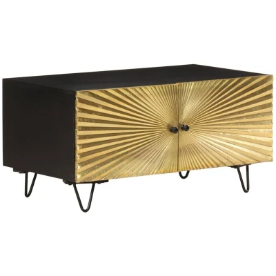 Image of vidaXL Coffee Table in Solid Mango Wood with Storage Compartment and Brass Metal Cladding Black, Retro Style, Rectangular Shape