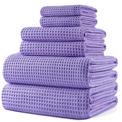 Image of POLYTE Microfibre Oversize, 76 x 152 cm, Quick Dry Lint Free Bath Towel Set, 6 Piece (Purple, Waffle Weave)