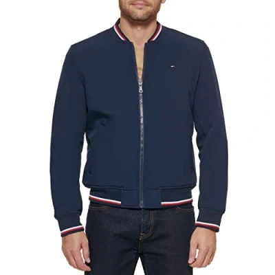 Image of Tommy Hilfiger Men&#039;s Lightweight Varsity Rib Knit Bomber Jacket, Midnight Soft Shell, 3XL