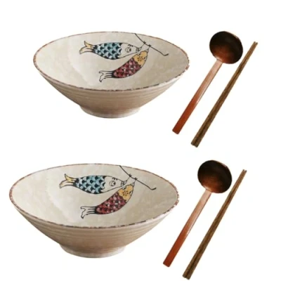Image of Ceramic Japanese Ramen Bowl Noodles Bowls for Soup Pho Udon Soba Salad Snack Cereal Dishes with Spoons Chopsticks 900ml Gift Set (Double Fish)