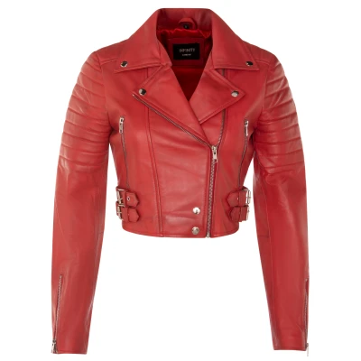 Image of Ladies Cropped Jacket Short Body Gothic Top Red Chic Biker REAL LEATHER L