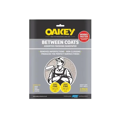 Image of Oakey Between Coats Finishing Sandpaper 230 x 280mm Assorted (3) OAK58625