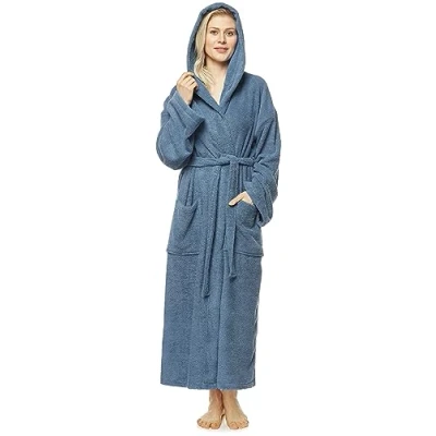 Image of Women`s bathrobe with hood, Astra, calf length or ankle length, 100% cotton terry towelling Blue Size: Women S Long (Unisex XS Long)