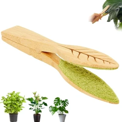 Image of enseak Leaf Cleaning Tongs,cleaning Clips,Leaf Shaped Brush with Wood Handle,Leaf Wipes for Indoor Plants,Leaf Pliers Plant Dust Removal
