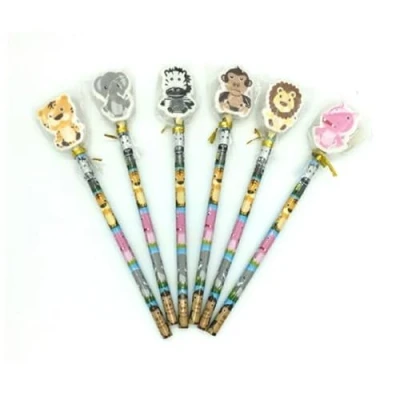 Image of Classroom Capers Jungle Friends Pencils with Topper Erasers x 6. Ideal Party Bag Filler, End of Term Gift, Student Gift or Stocking Filler.