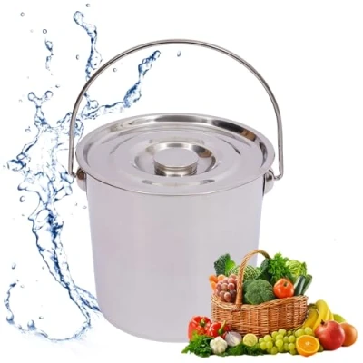 Image of 6/12/20 Litre Stainless Steel Bucket Heavy Duty Handled Pail Storage Water Milk Metal With Lid For Catering Kitchen Fire Garage Spillage Sand (12L)