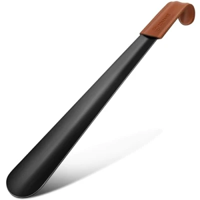 Image of ZOMAKE Metal Shoe Horn 42cm Long Handled Shoehorn Extra Horns With Leather Handle For Men Women The Elderly (Black)