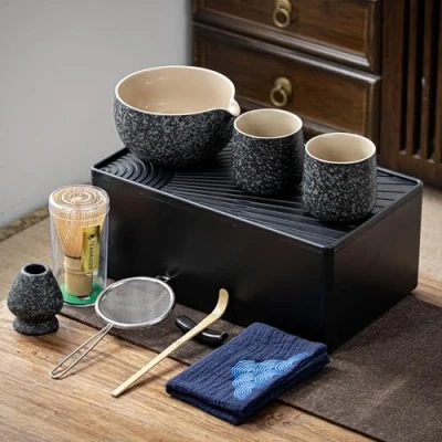 Image of TEANAGOO Matcha Kit + 2 Cups with Storage Box, 12 Pcs Travel Tea Set, Ceramic Bowl (18oz), Cup(7.2oz), Bamboo Whisk, WS1, Rock Charcoal Grey