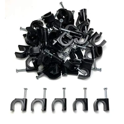 Image of TR Cable® Pack of 50 Round Black Cable Clips with Strong Nails Durable &amp; Versatile, Ideal for Indoor/Outdoor Management, 12mm