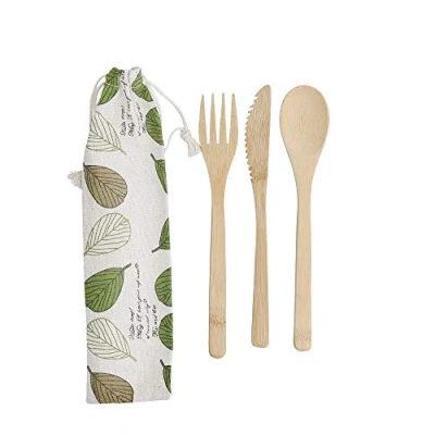 Image of Natural Elements Travel Cutlery Set, Reusable and Biodegradable Bamboo Knife, Fork Spoon in Fabric Pouch