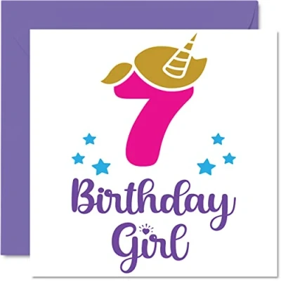 Image of 7th Birthday Card Girl Unicorn Happy 7 Year Old Girl, Girls Cards for Her, 145mm x Greeting Daughter Niece Granddaughter Kid Children