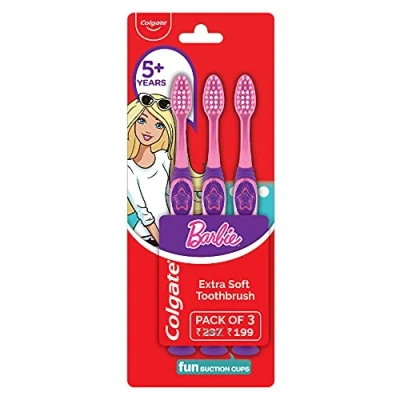 Image of Colgate Kids Barbie Toothbrush, Extra Soft with Tongue Cleaner (Pack of 3)