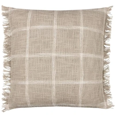 Image of Yard Beni Check Fringed Feather Filled Cushion Stone Cotton Size 45 cm x