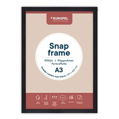 Image of EUROPEL lightweight Snap frame A3, matt black powder coated finish, Profile 25 mm, Anodized aluminum, anti reflective protector, External dimensions 297x420 Grey polystyrene back
