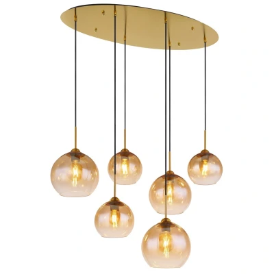 Image of Jamessa Cluster Pendant Ceiling Light Brass Coloured Matt Amber Glass Shade 6x E27