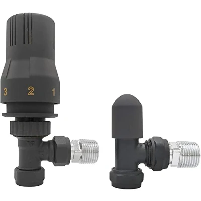 Image of NRG 15mm Angled Thermostatic Designer Radiator Valve &amp; Towel Rail Anthracite Manual Valves for Home Office