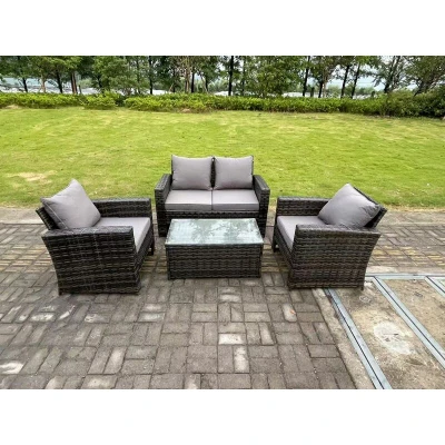 Image of 4 Seater Grey Mixed High Back Rattan Sofa Set Rectangular Coffee Table Garden Furniture Outdoor Patio Fimous